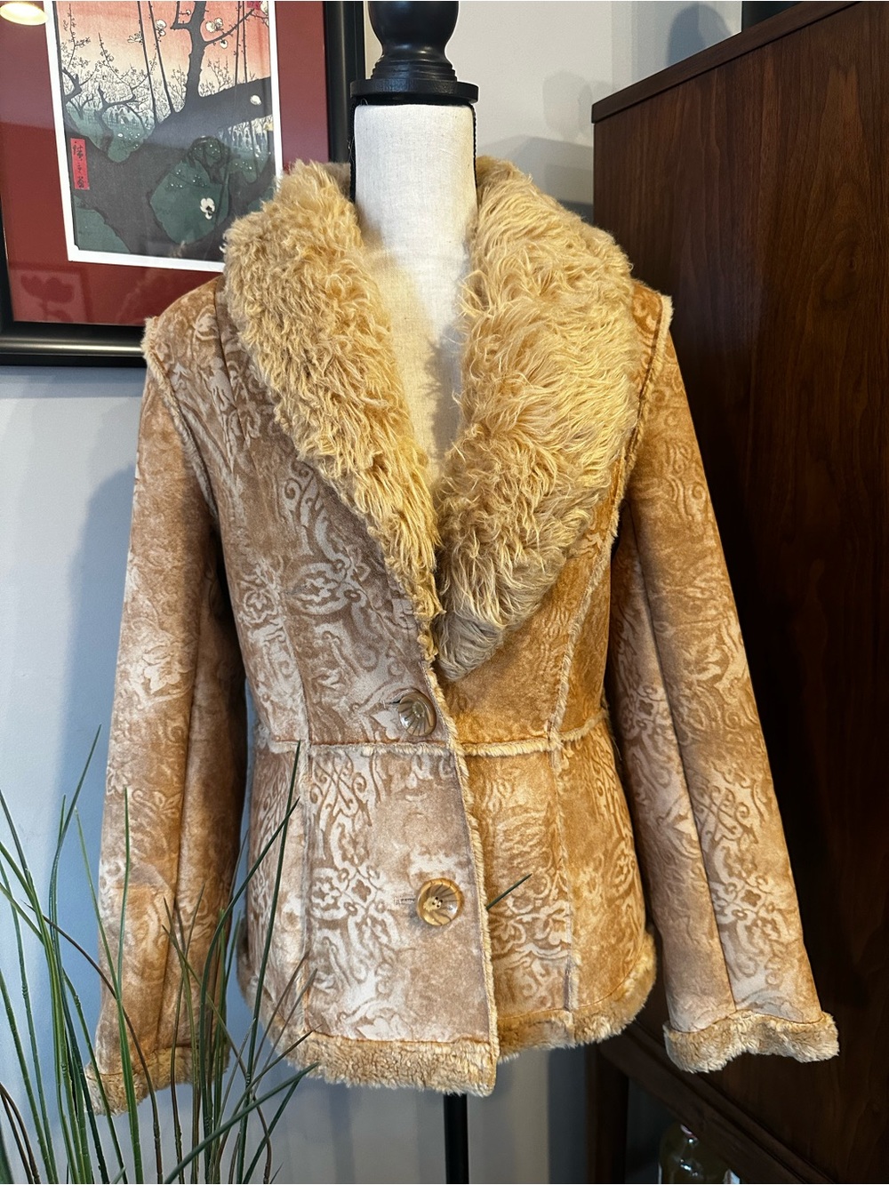 Esprit Tan Patterned Faux Shearling Jacket
